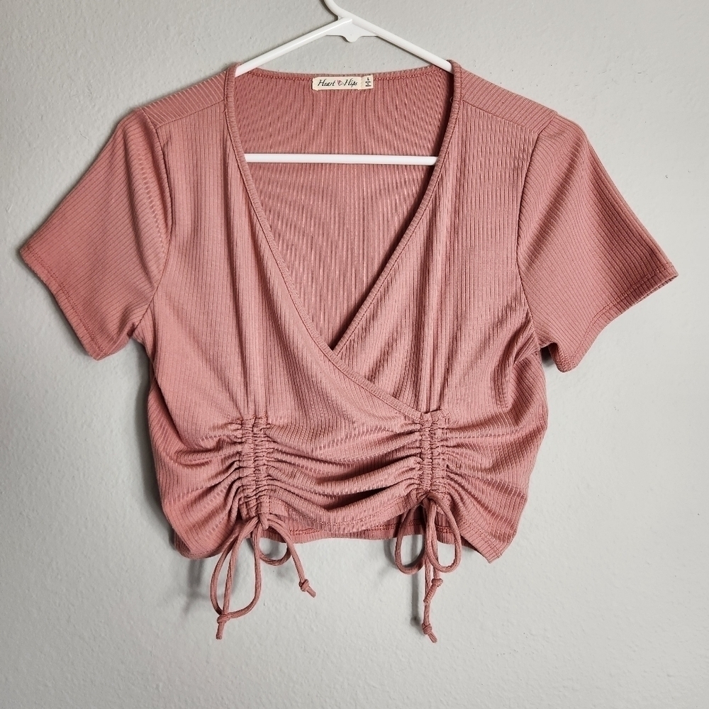 Heart Lips Womens Rose Pink Surplice Ruched Tie Bottom Ribbed Crop Top-Size L